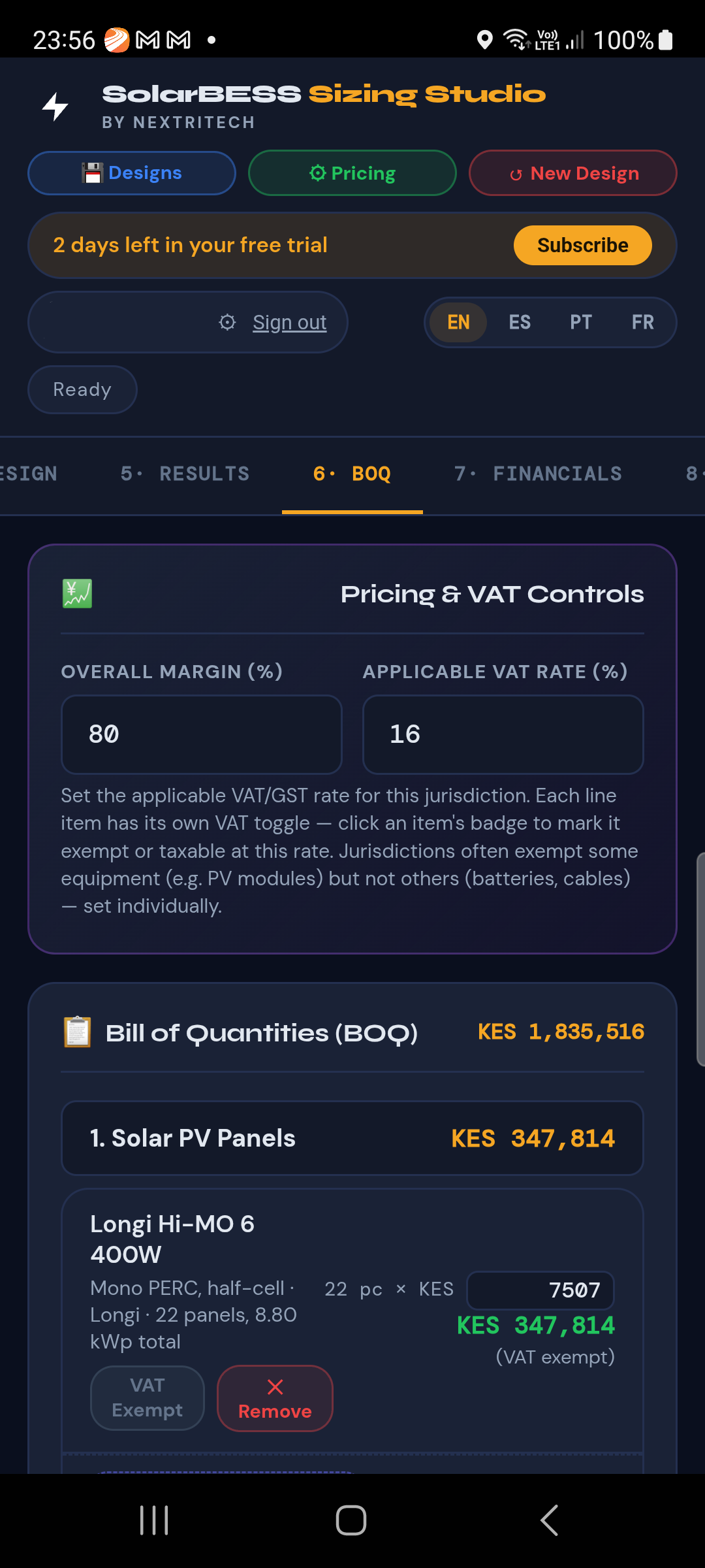 SolarBESS priced bill of quantities