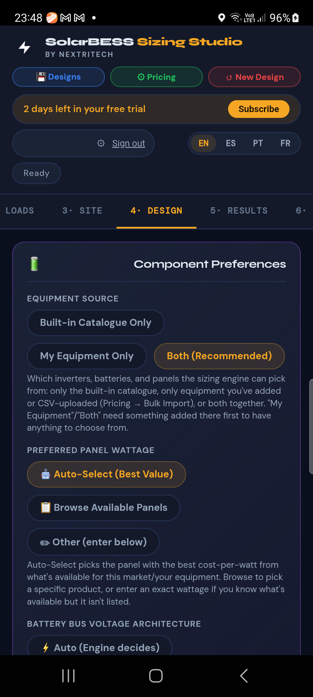 SolarBESS equipment source and panel selection