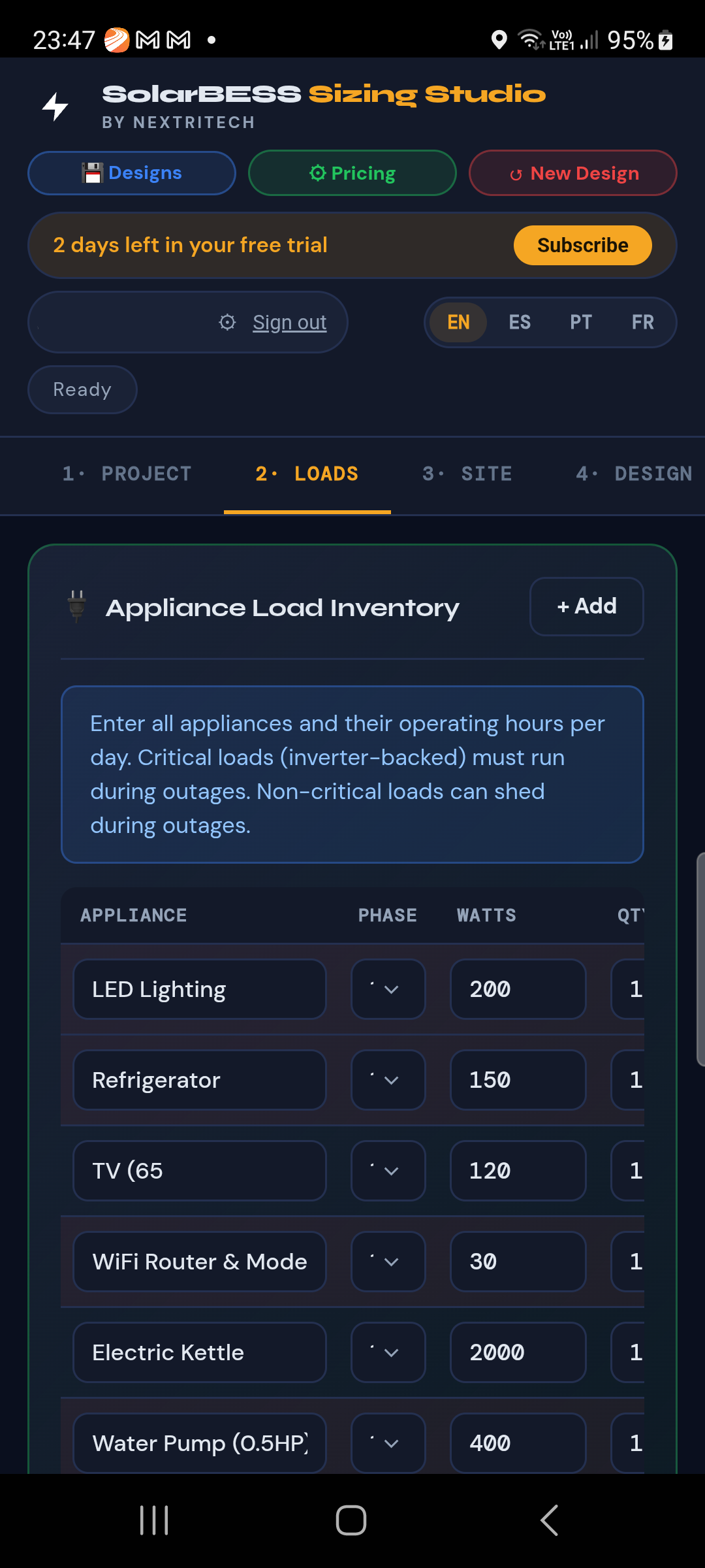 SolarBESS Loads tab with appliance inventory