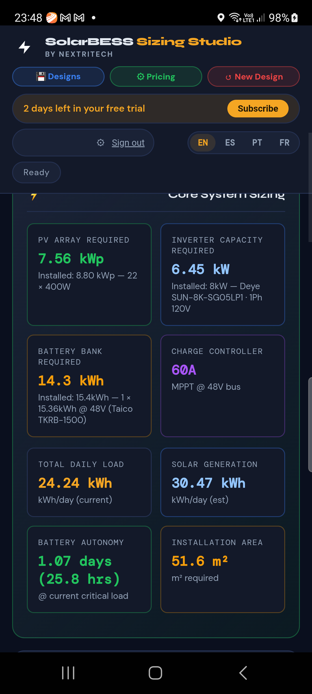 SolarBESS system sizing results